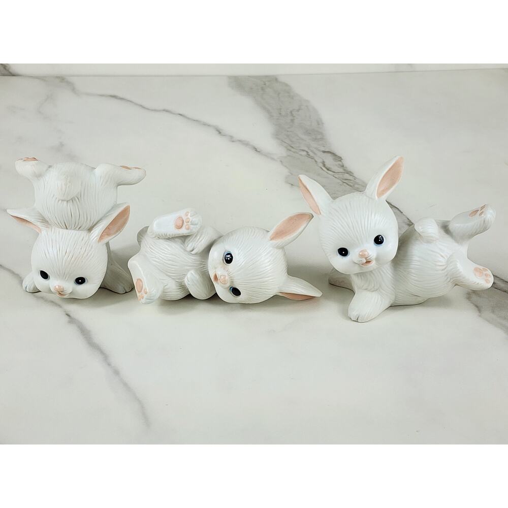 Homco Easter Bunny Trio White Rabbit Tumbling Figurine 4" Home Decor 90s x3 Vtg
